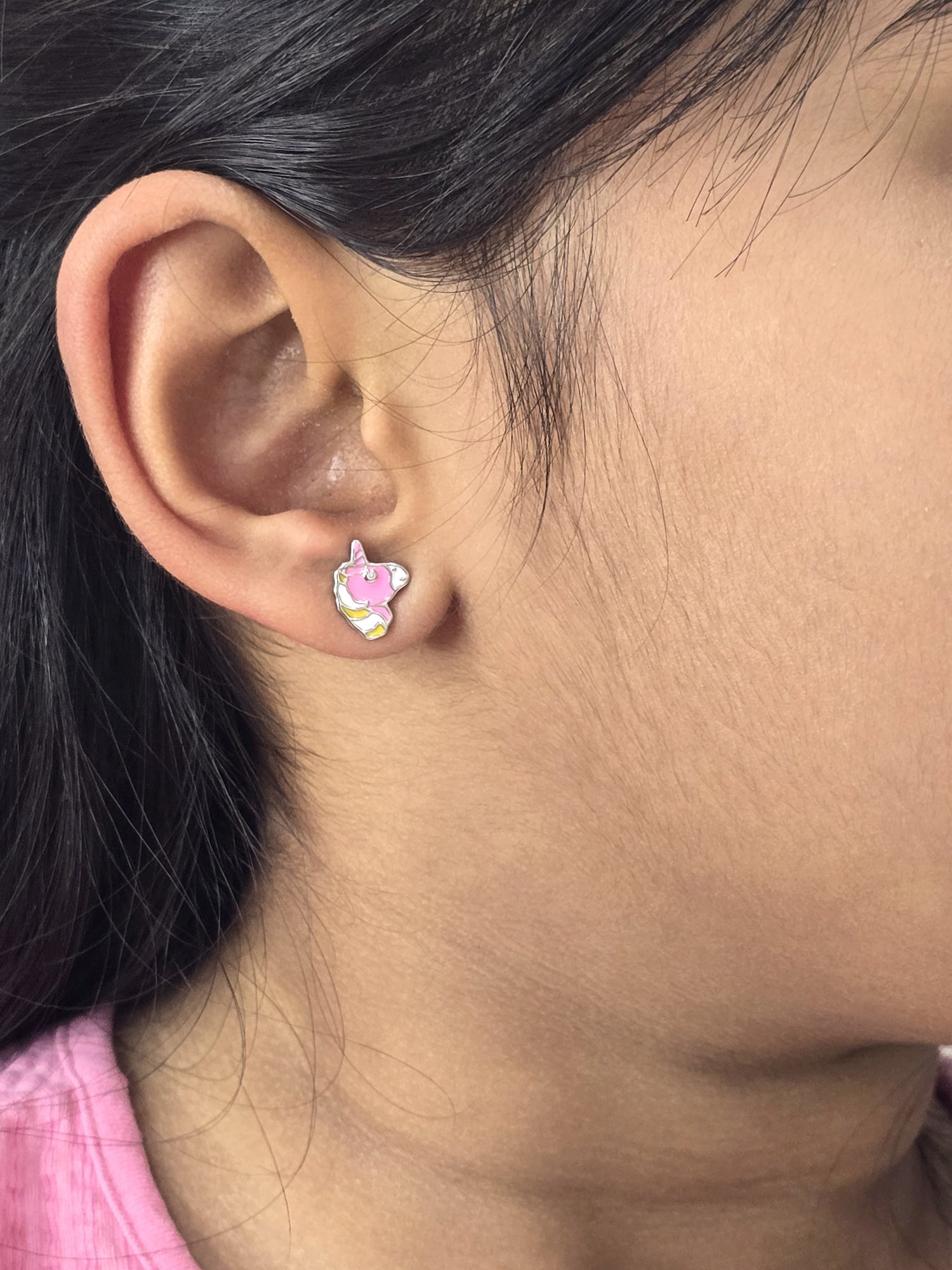Silver Enamel Unicorn Love Kids Earrings - Pink