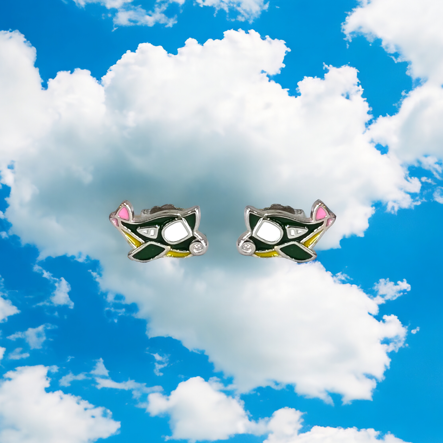 Silver Enamel Aeroplane Kids Earrings - Green