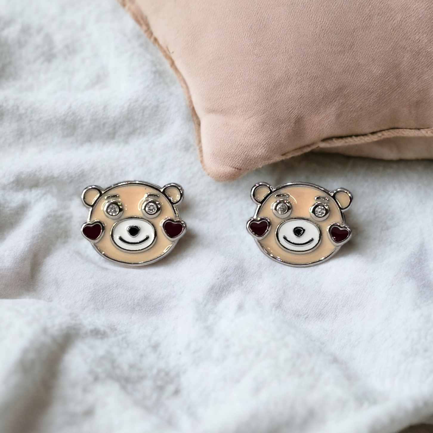 Silver Enamel Cuddly Teddy Kids Earrings