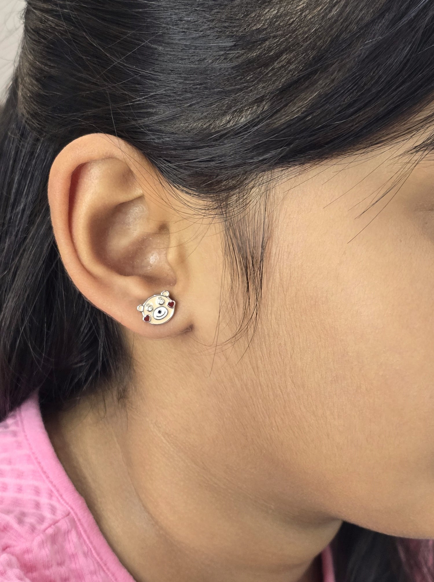 Silver Enamel Cuddly Teddy Kids Earrings