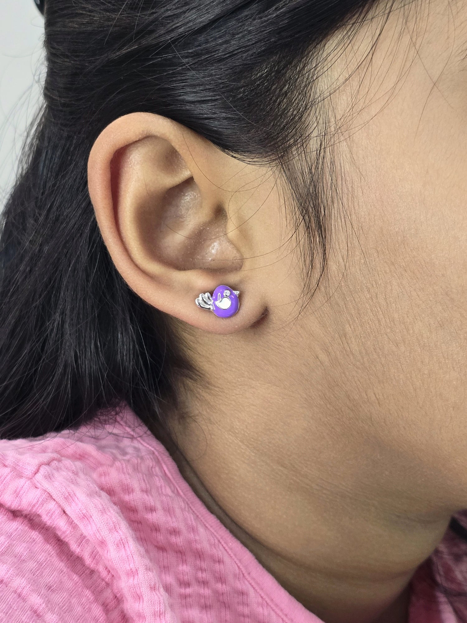 Silver Enamel Cute Bird Kids Earrings