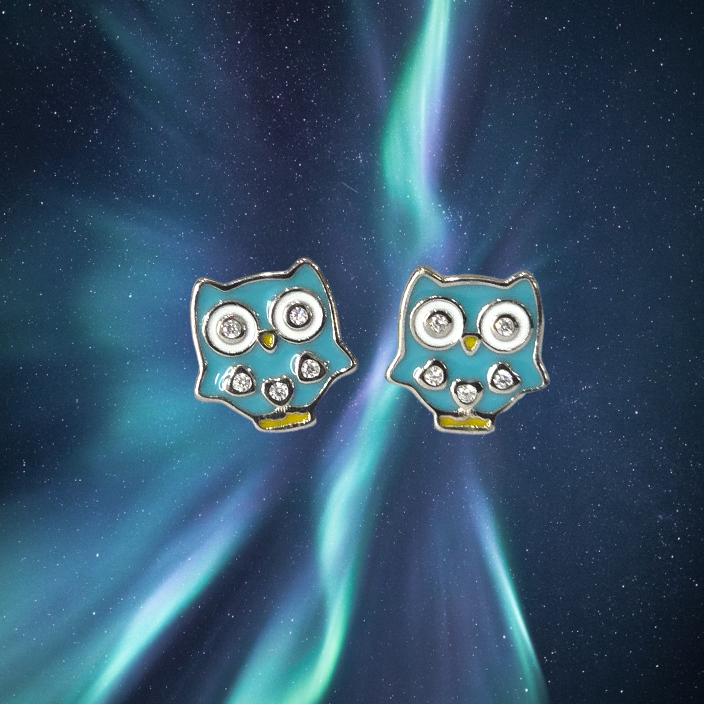 Silver Enamel Cute Owl Kids Earrings - Blue