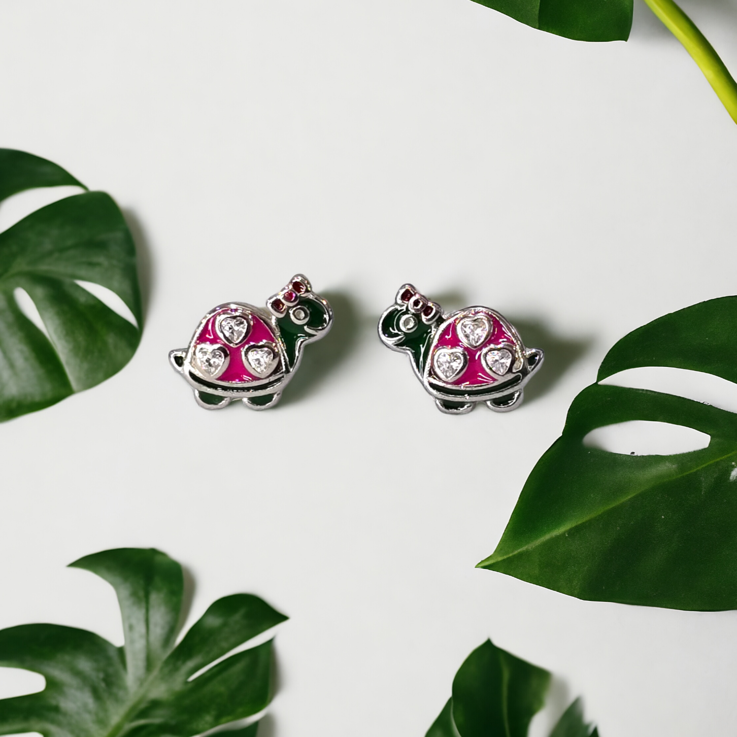 Silver Enamel Cute Turtle Kids Earrings - Dark Pink