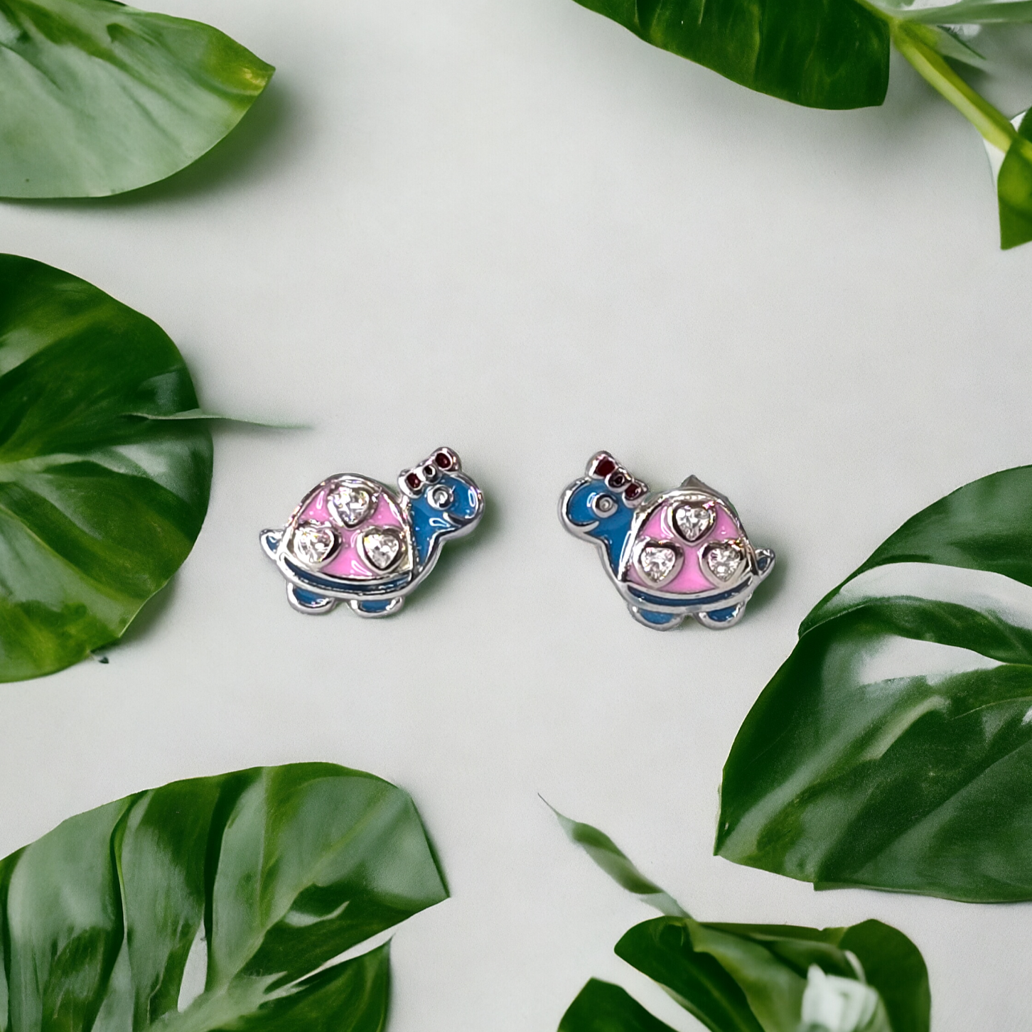 Silver Enamel Cute Turtle Kids Earrings - Light Pink