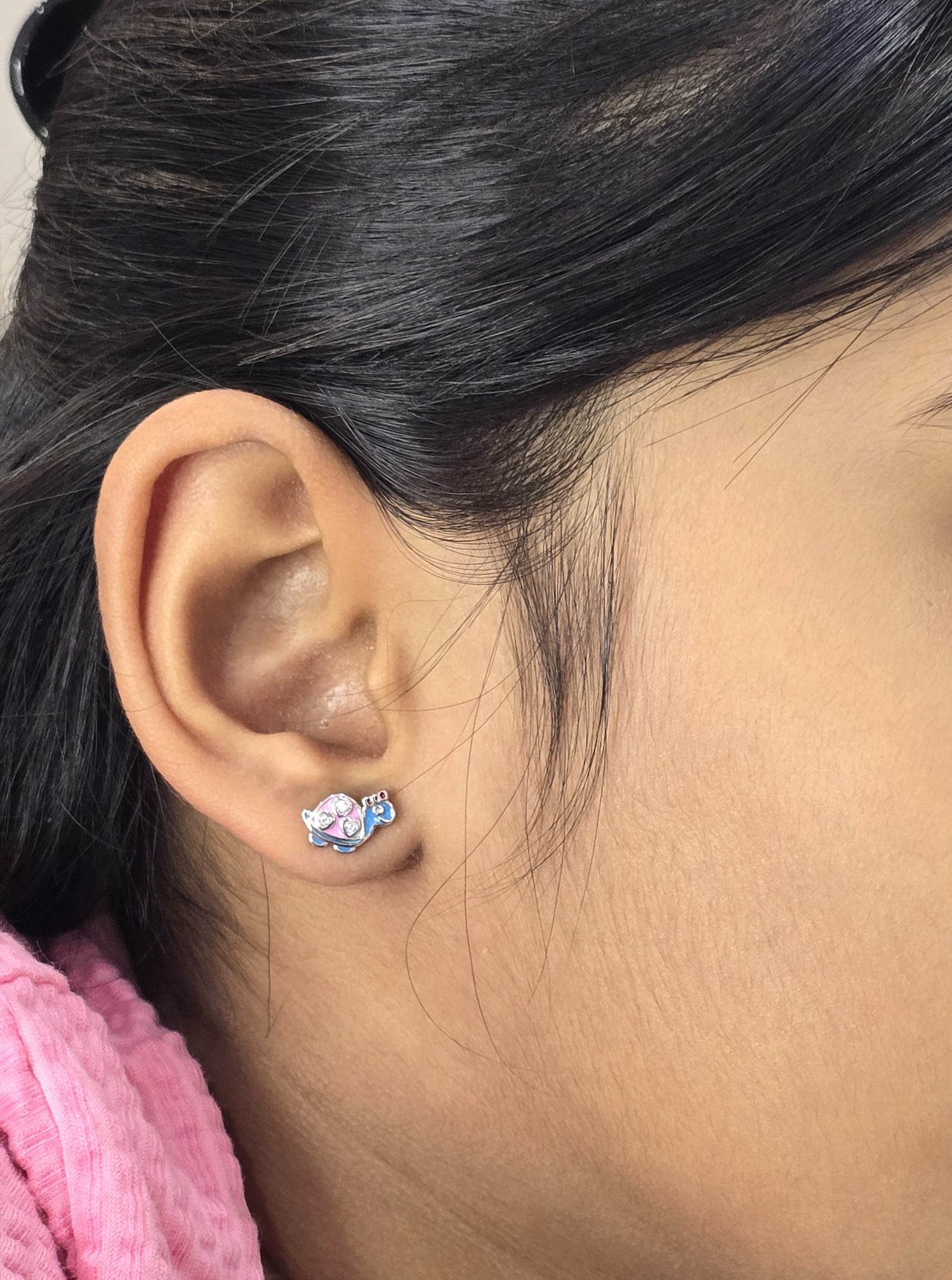 Silver Enamel Cute Turtle Kids Earrings - Light Pink