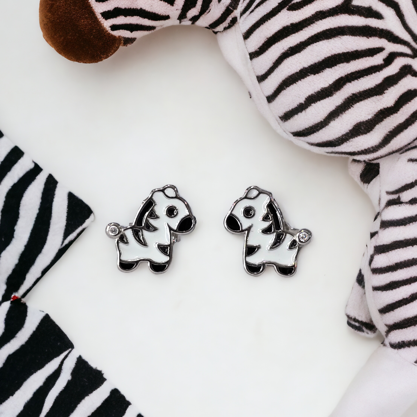 Silver Enamel Cute Zebra Kids Earrings