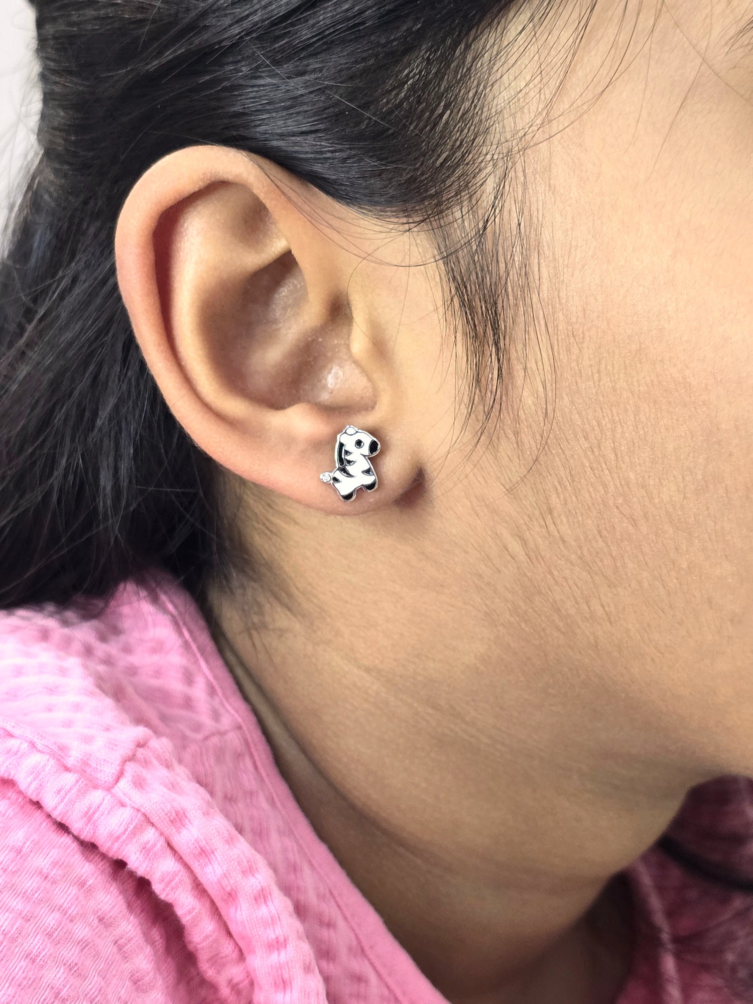 Silver Enamel Cute Zebra Kids Earrings