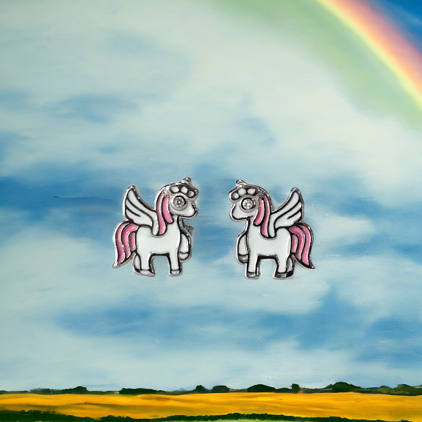 Silver Enamel Flying Unicorn Kids Earrings