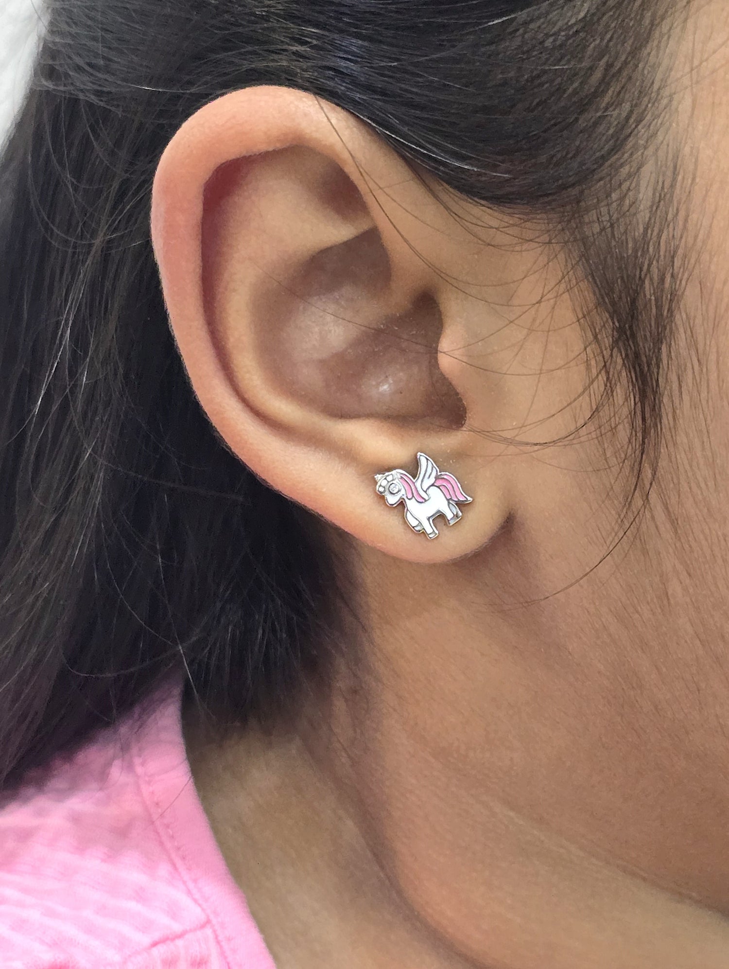 Silver Enamel Flying Unicorn Kids Earrings
