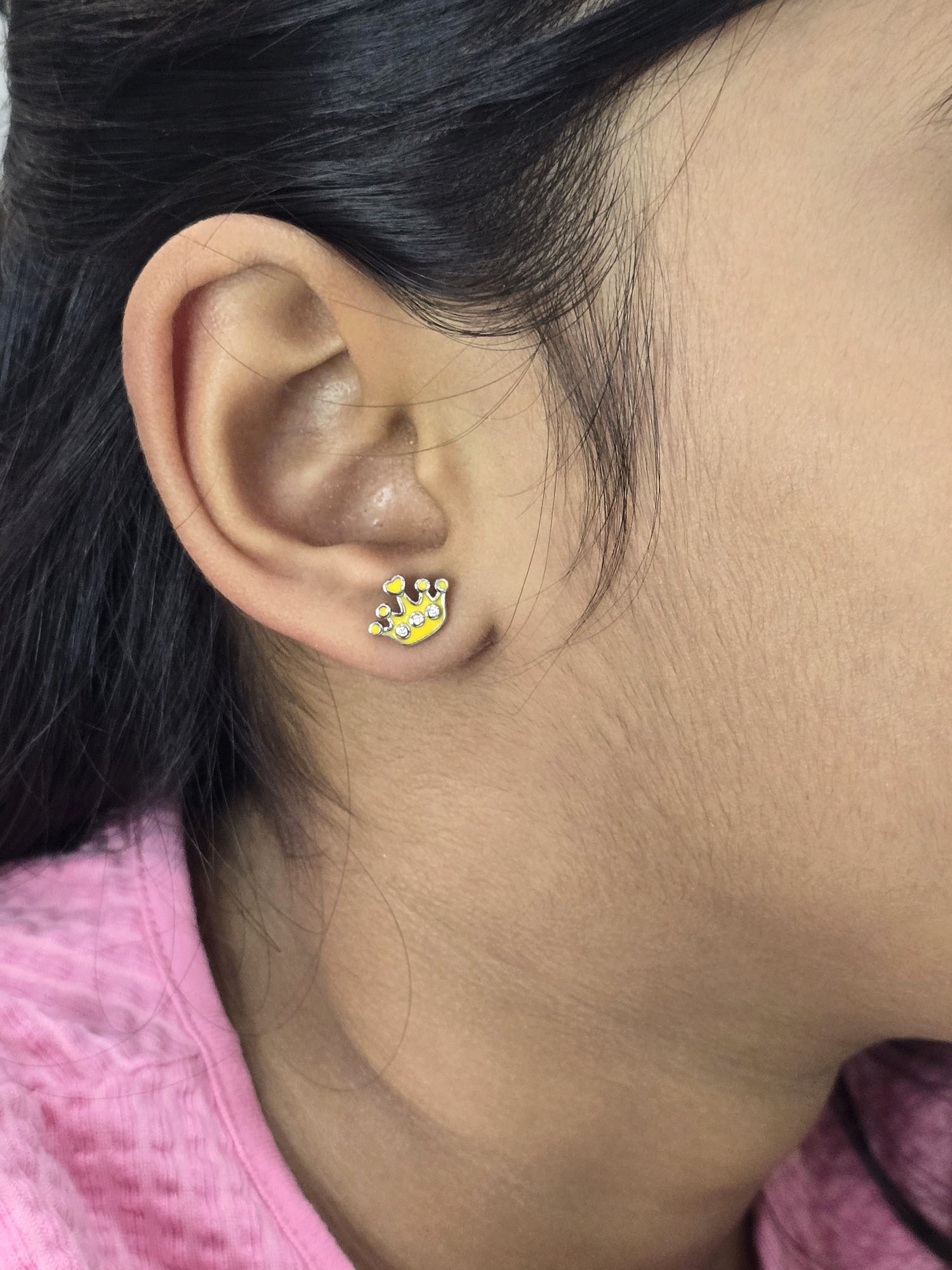 Silver Enamel Heart Crown Kids Earrings - Yellow