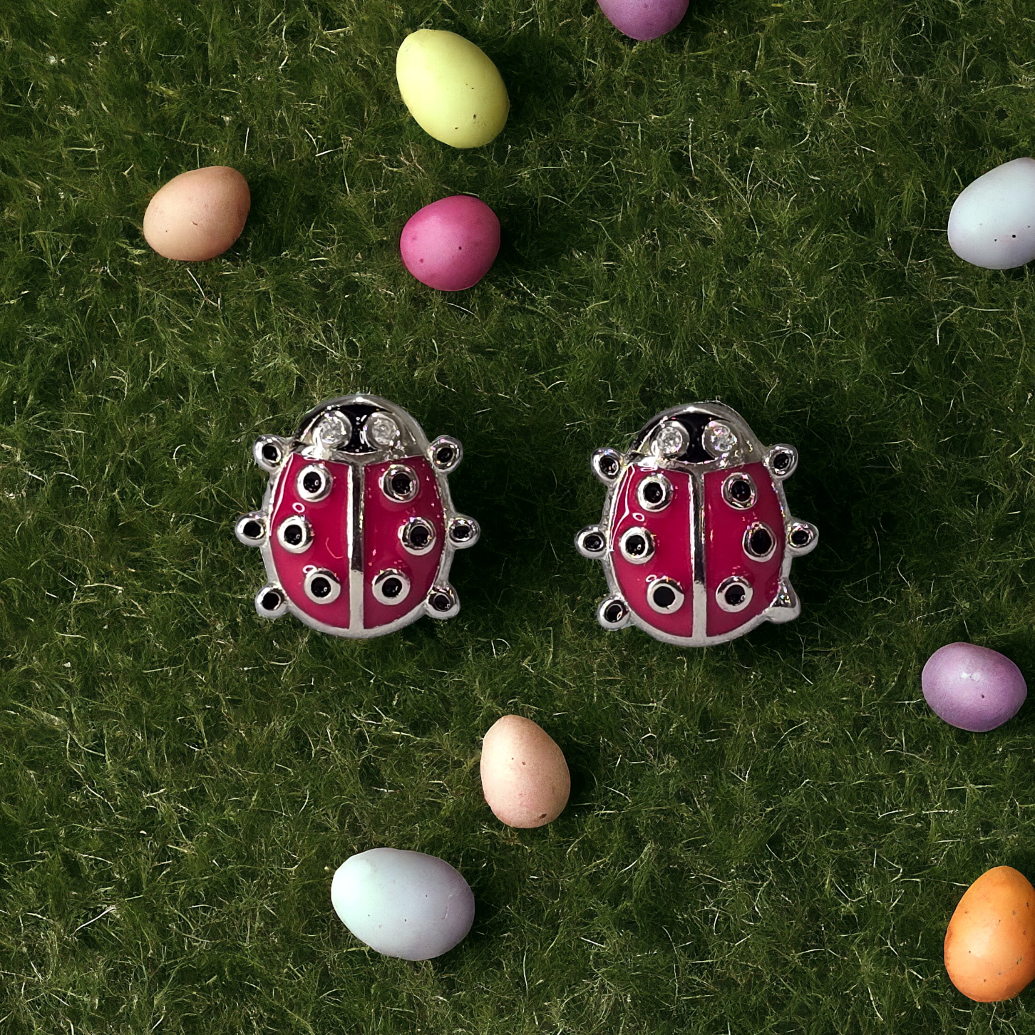 Silver Enamel Lady Bug Kids Earrings