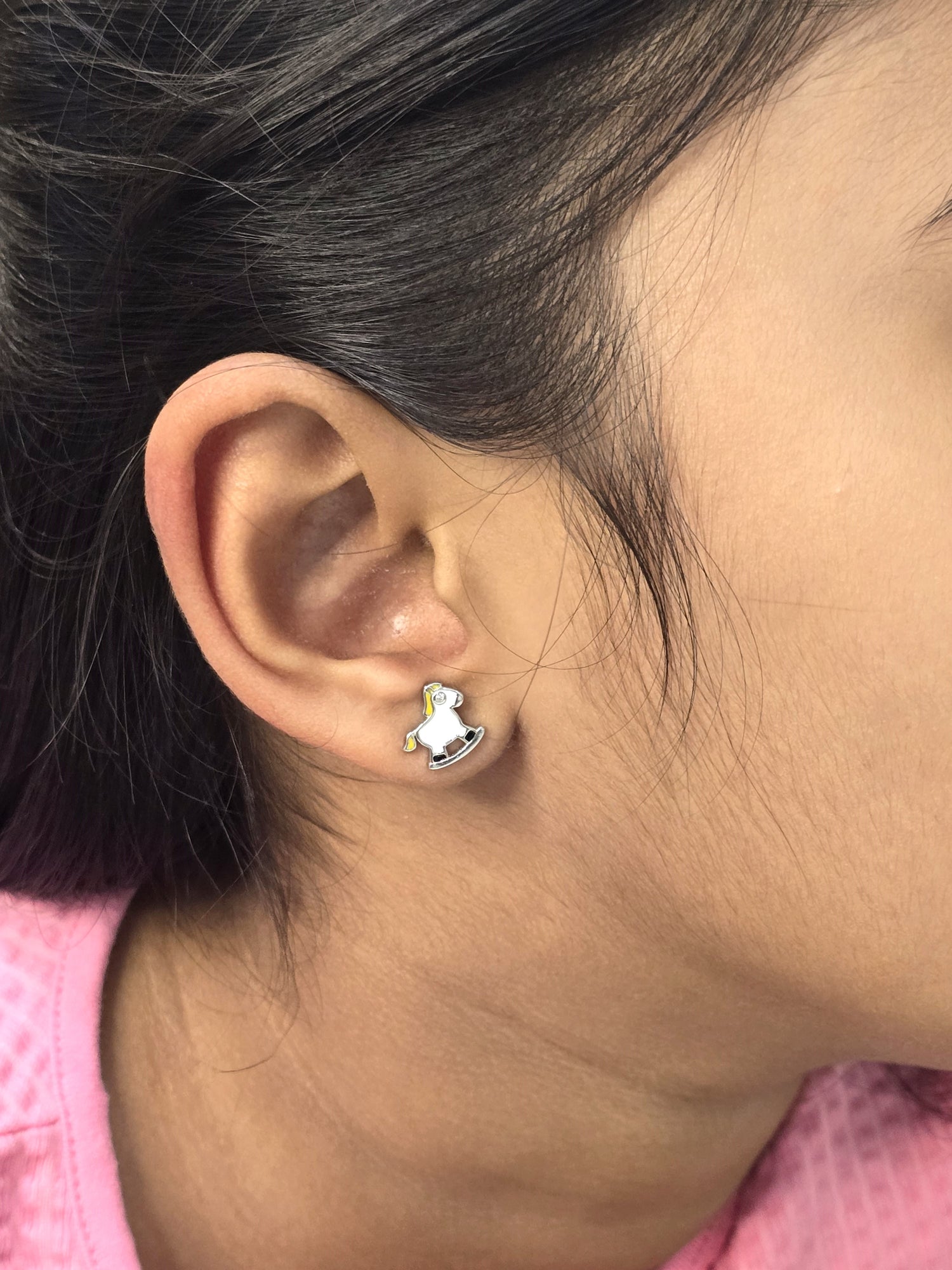Silver Enamel Rocking Horse Kids Earrings - White