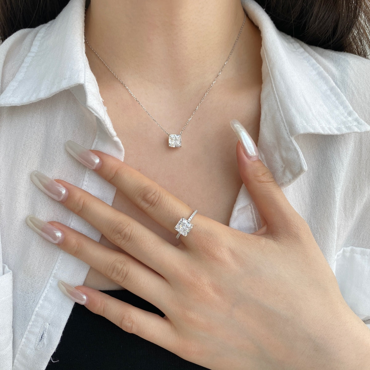 Silver Crushed Ice Square Solitaire Necklace - 3 carats