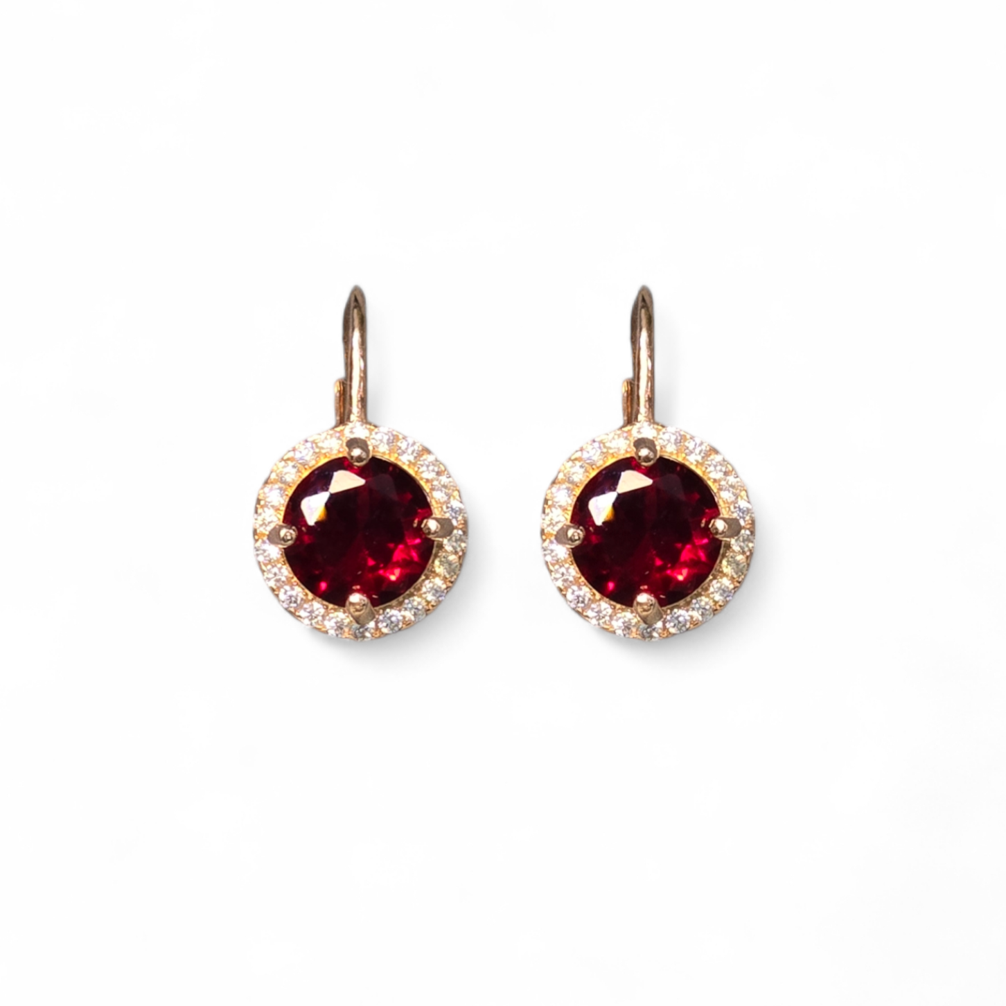 Rose Gold Round Halo Huggie Earrings - Deep Red