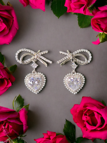 Silver Bow to my Heart Earrings with Swarovski Heart Solitaires