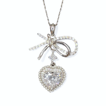 Silver Bow to my Heart Pendant Necklace - with Swarovski Heart Solitaire and Link Chain