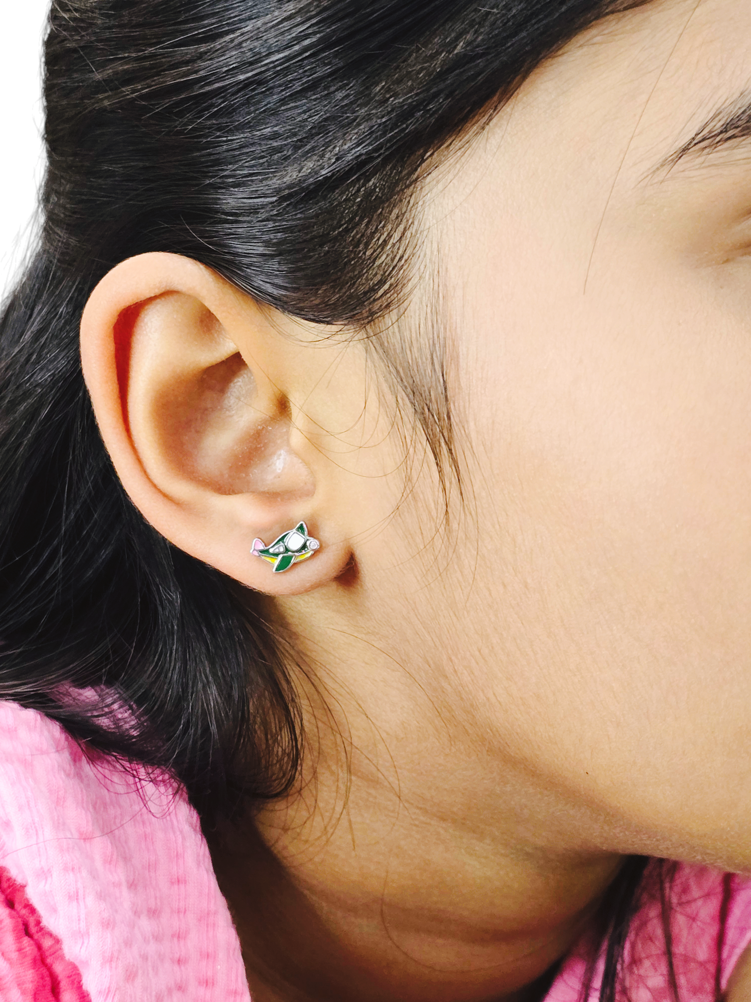 Silver Enamel Aeroplane Kids Earrings - Green