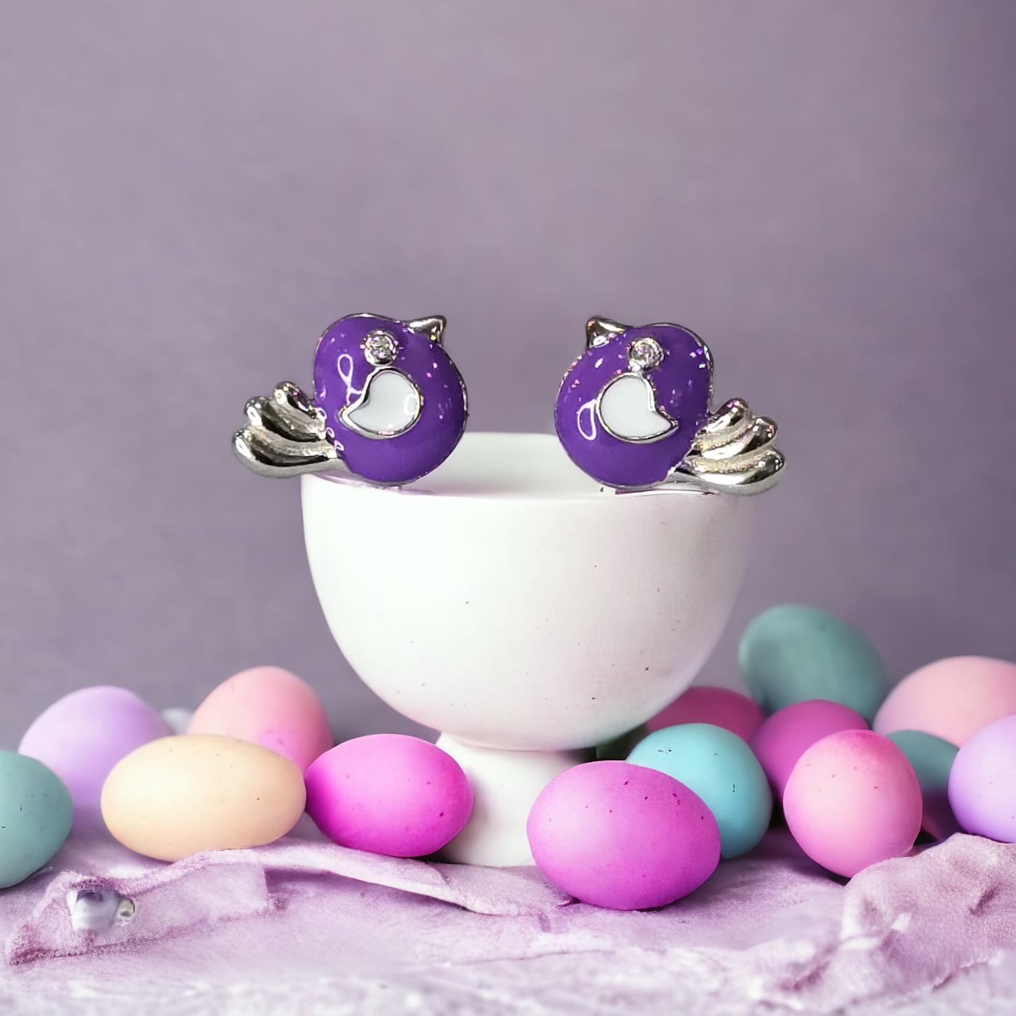Silver Enamel Cute Bird Kids Earrings