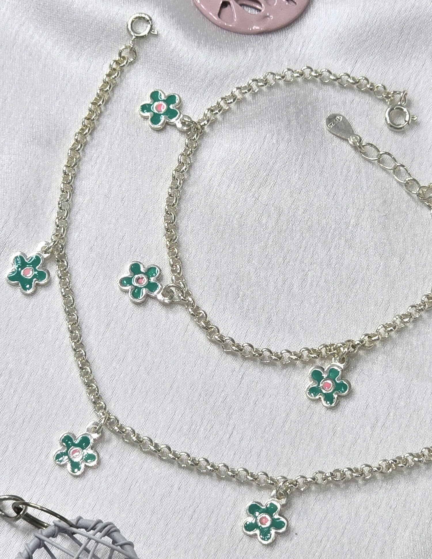 Silver Enamel Daisies Kids Anklet Pair