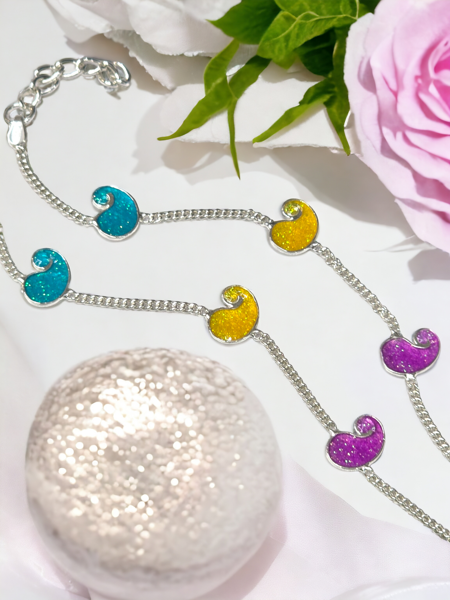 Silver Enamel Glitter Motif Kids Anklet Pair