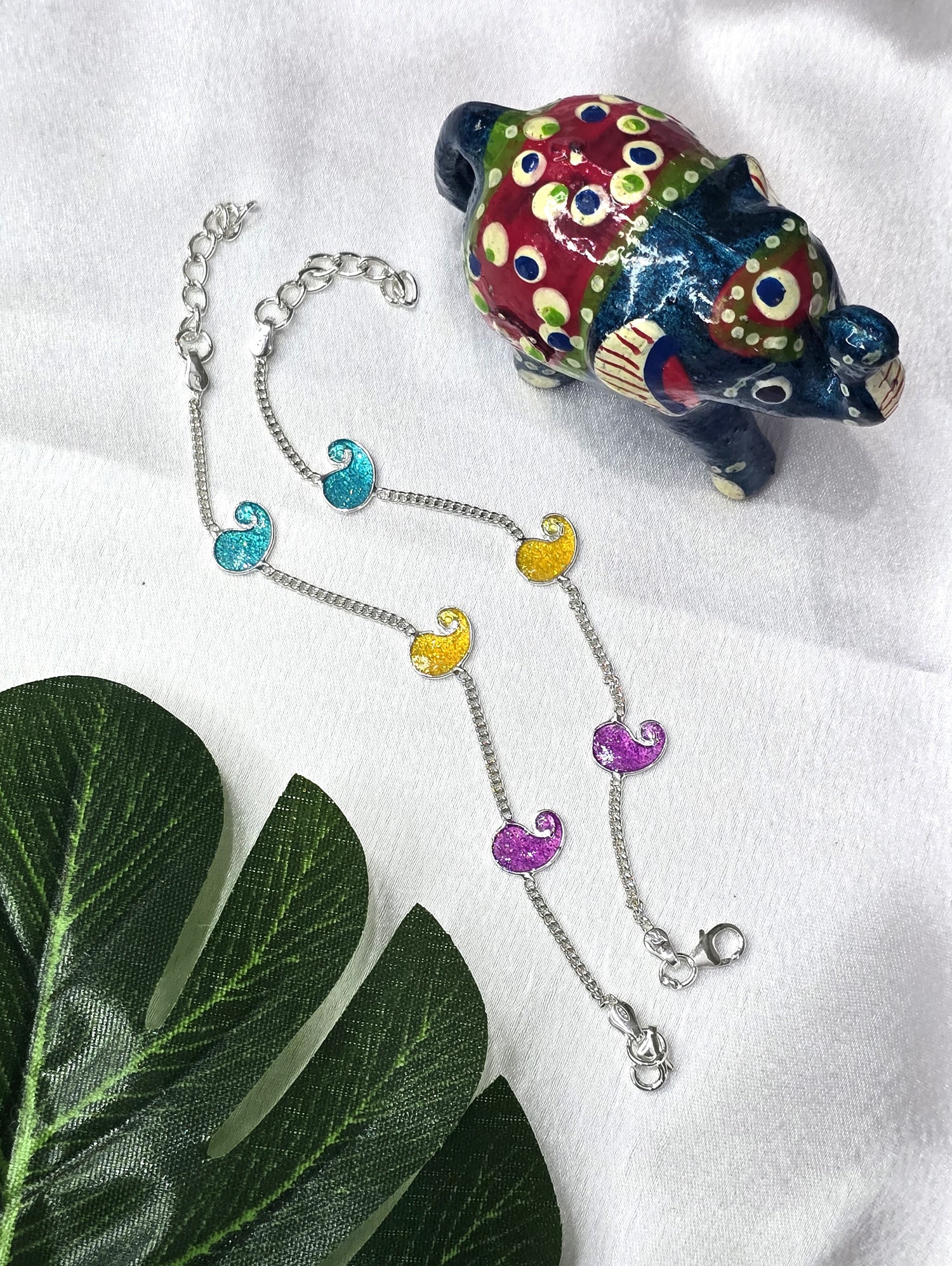 Silver Enamel Glitter Motif Kids Anklet Pair