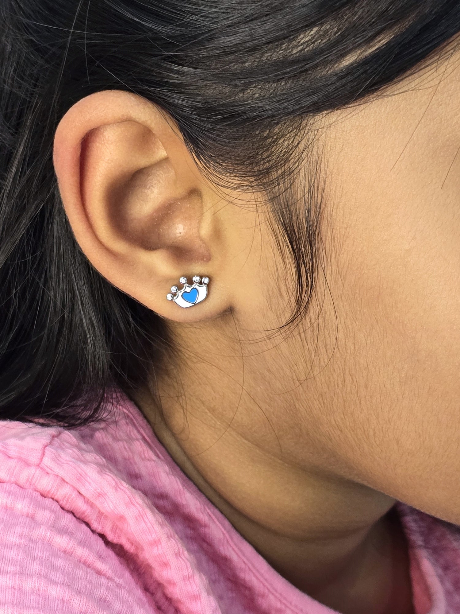 Silver Enamel Heart Crown Kids Earrings - White