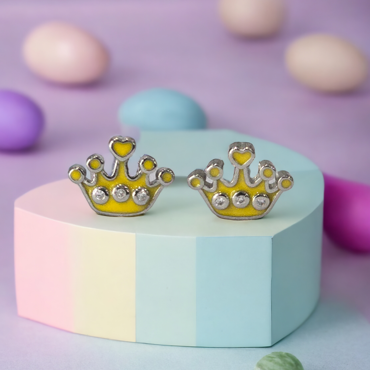 Silver Enamel Heart Crown Kids Earrings - Yellow