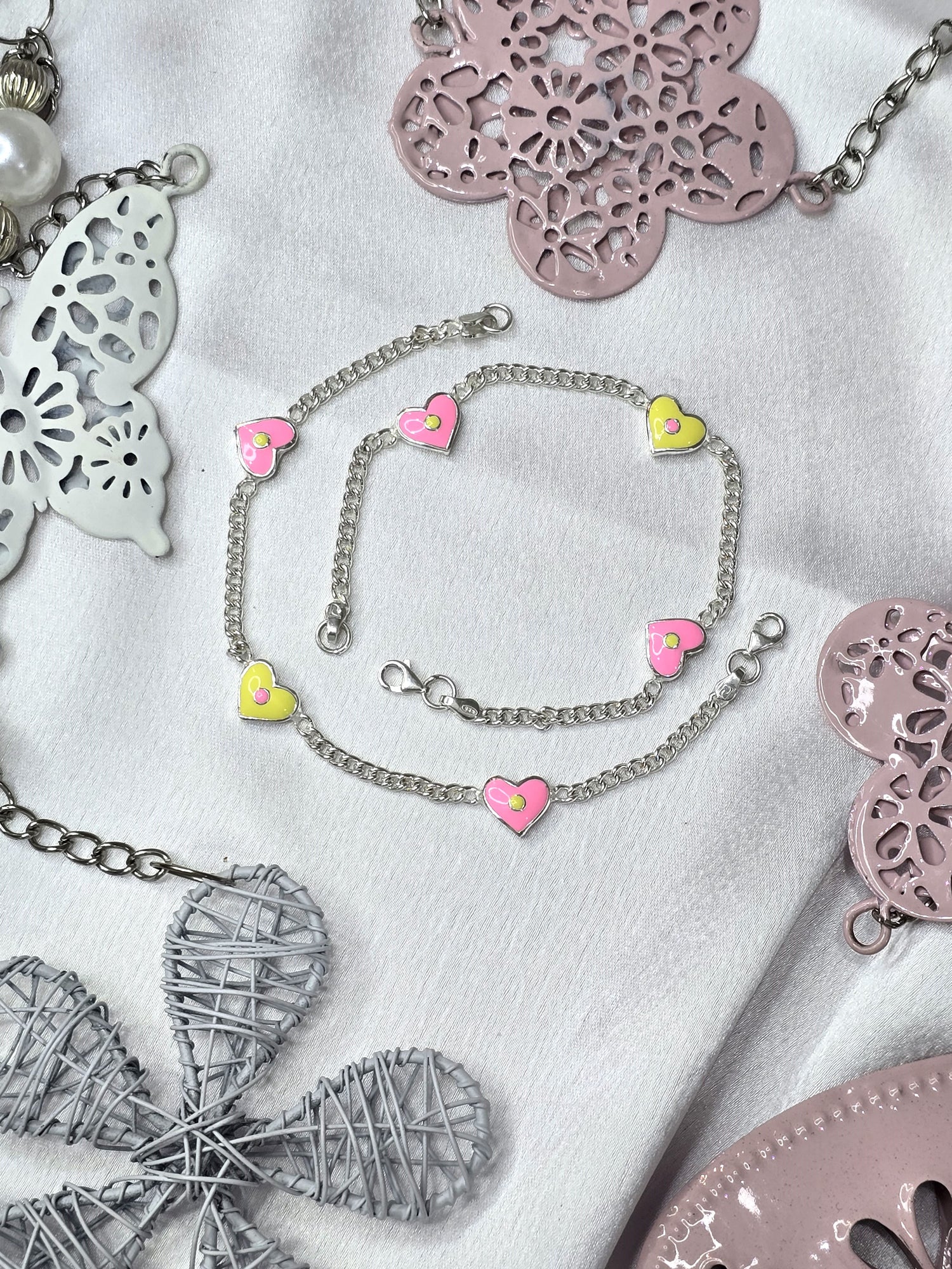 Silver Enamel Hearts Kids Anklet Pair
