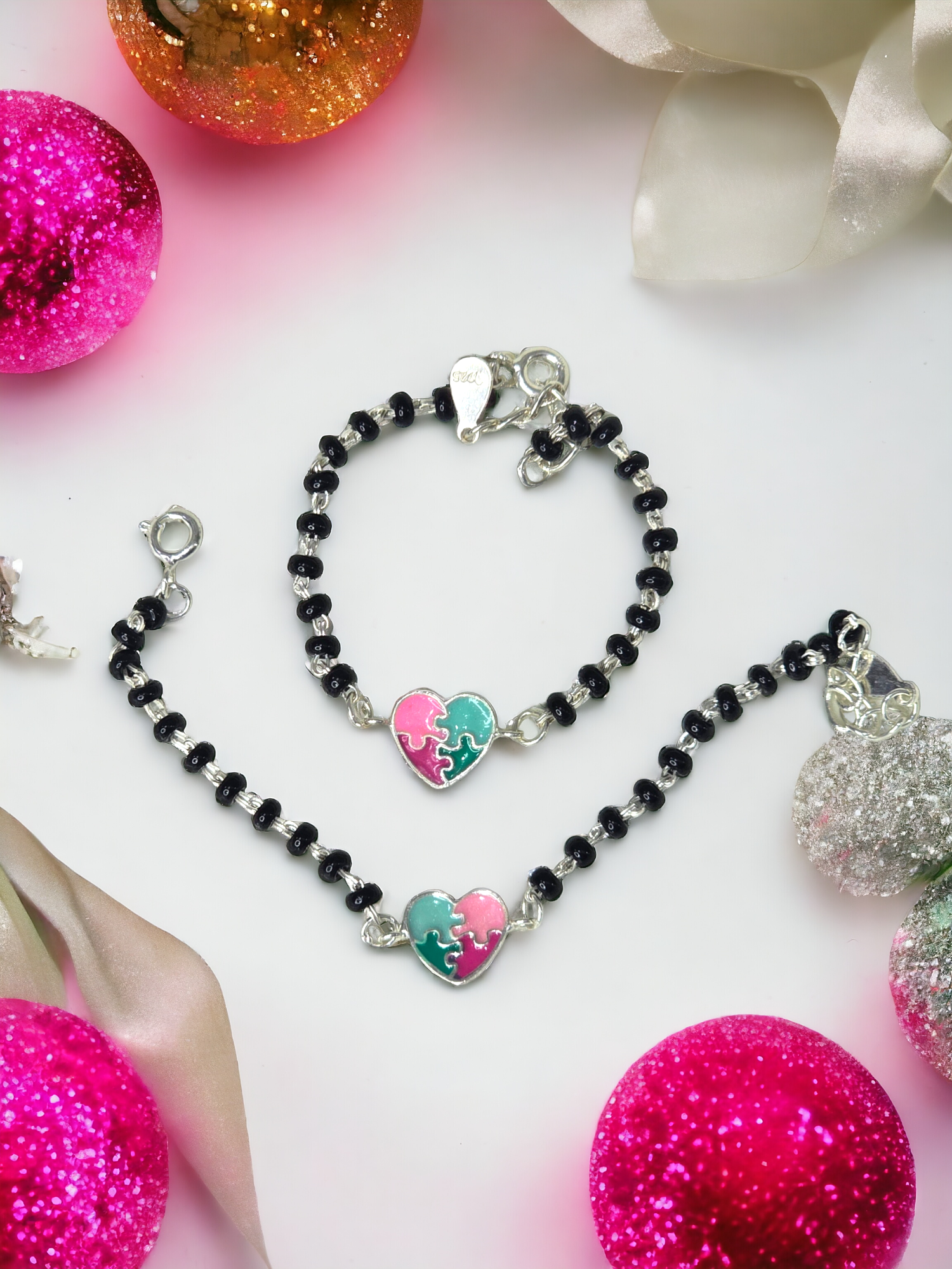 Silver Enamel Puzzle Heart Nazaria Kids Bracelet Pair - 2
