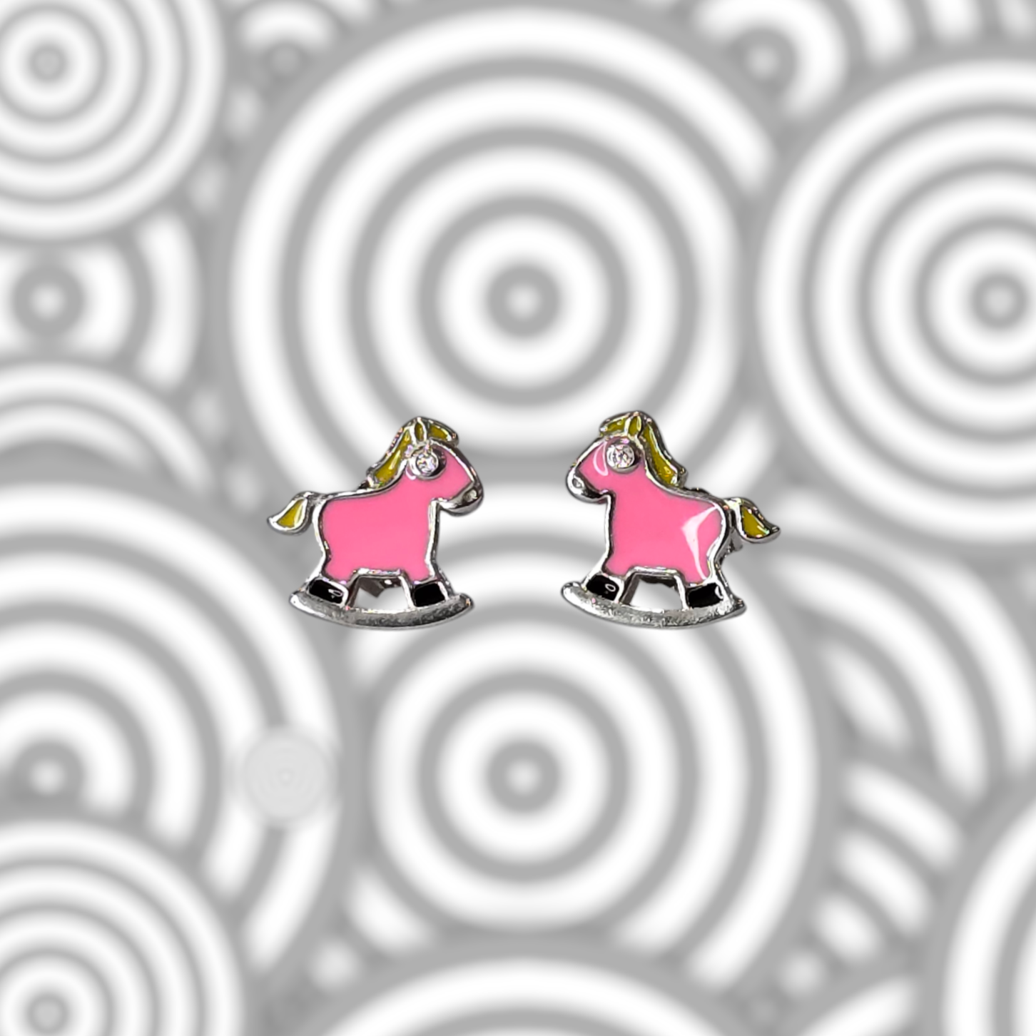 Silver Enamel Rocking Horse Kids Earrings - Pink