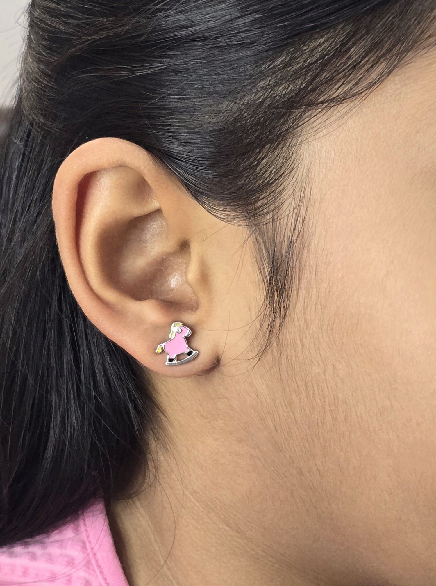 Silver Enamel Rocking Horse Kids Earrings - Pink