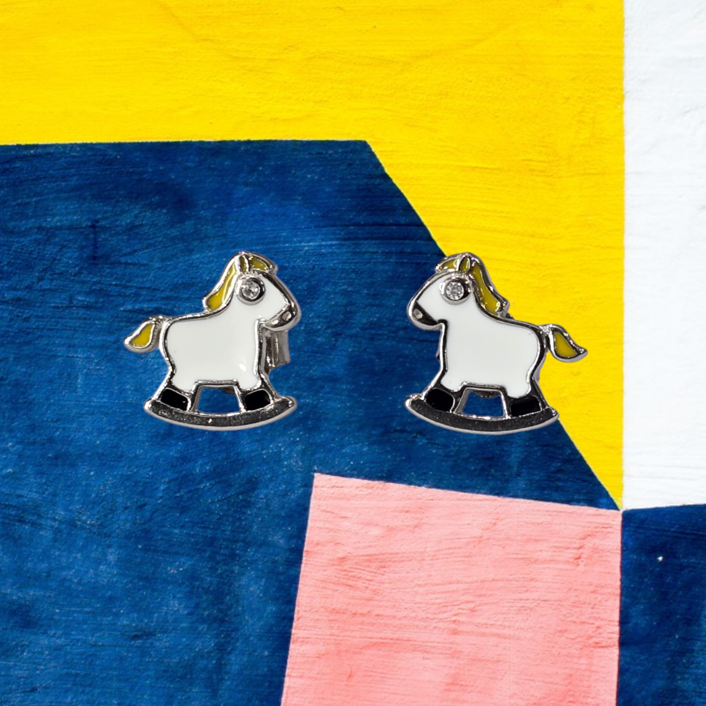 Silver Enamel Rocking Horse Kids Earrings - White