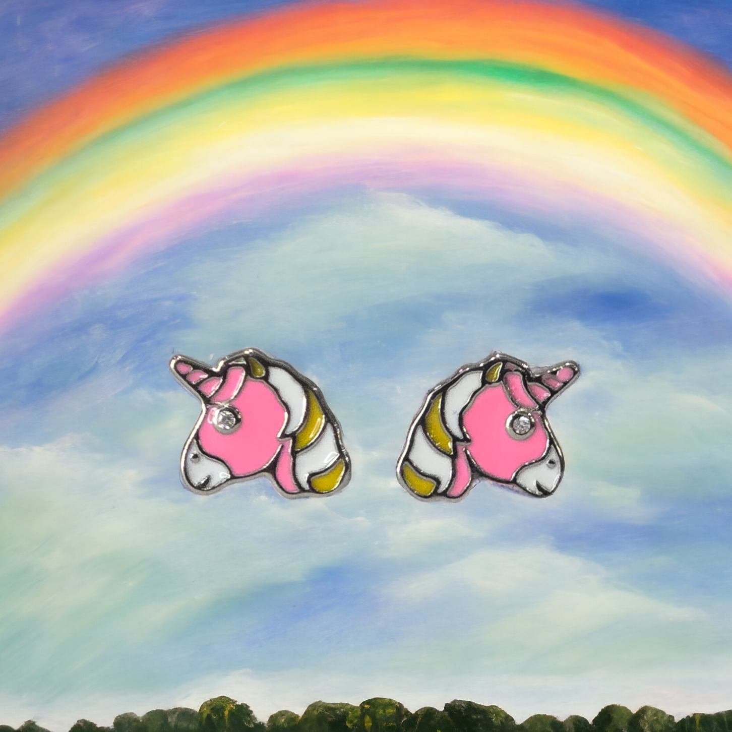 Silver Enamel Unicorn Love Kids Earrings - Pink