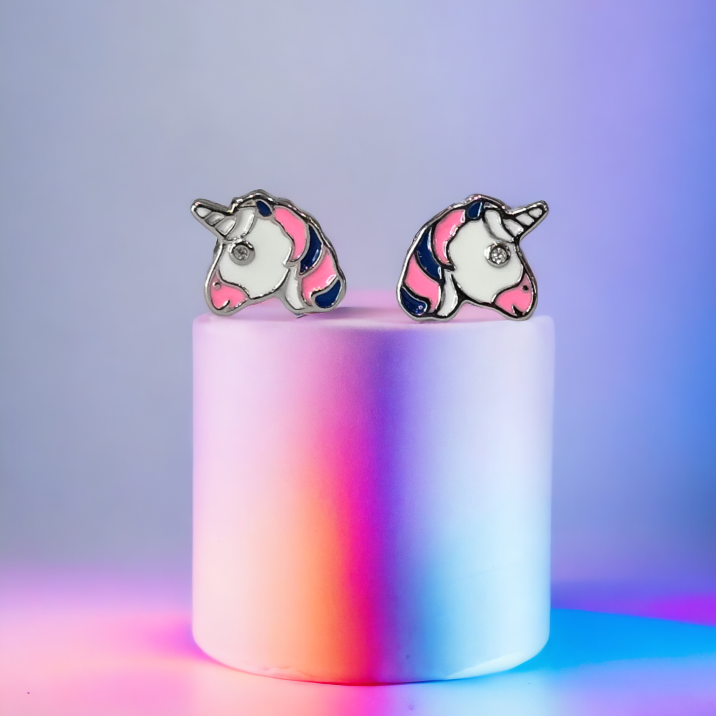 Silver Enamel Unicorn Love Kids Earrings - White