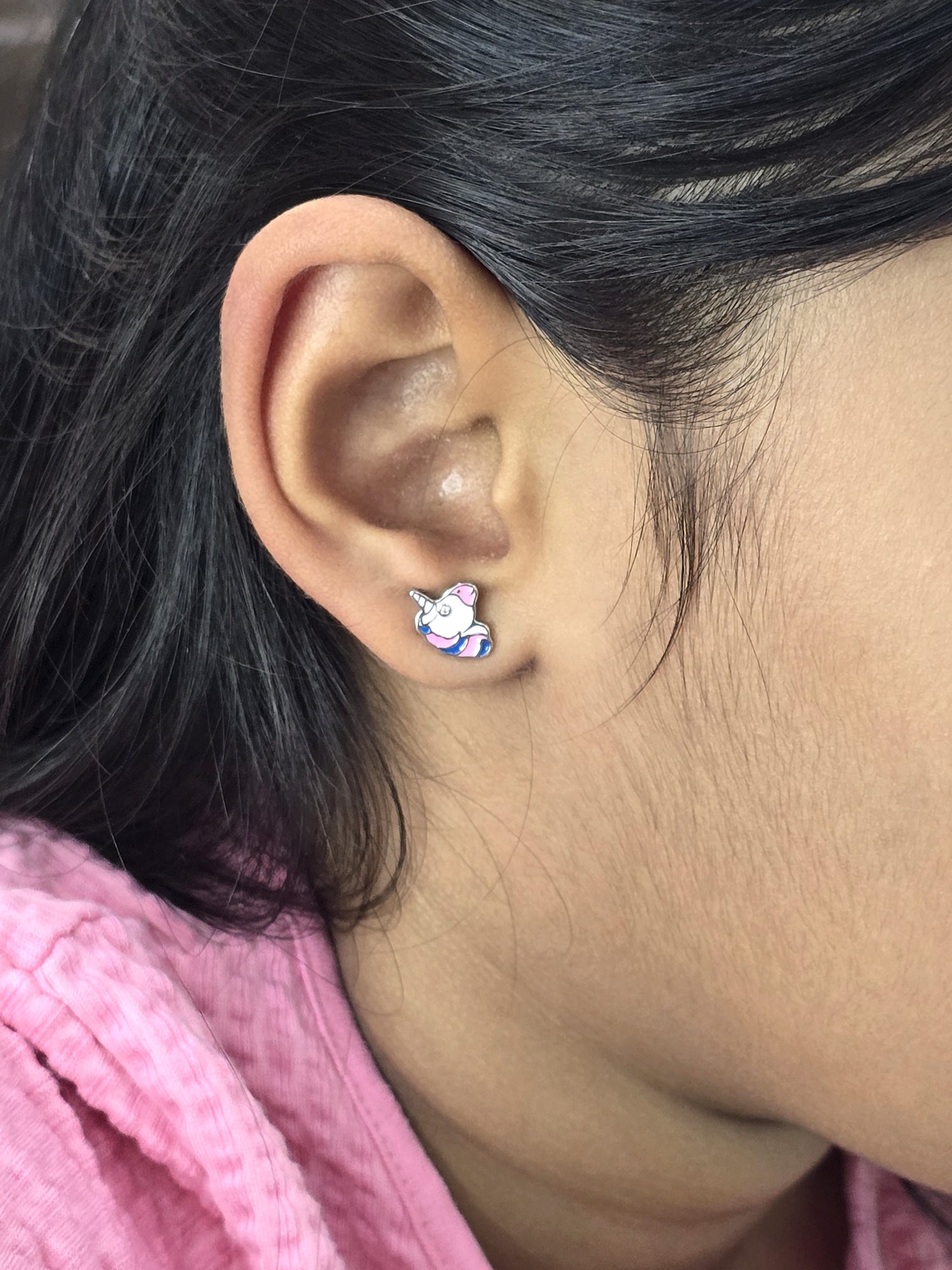 Silver Enamel Unicorn Love Kids Earrings - White