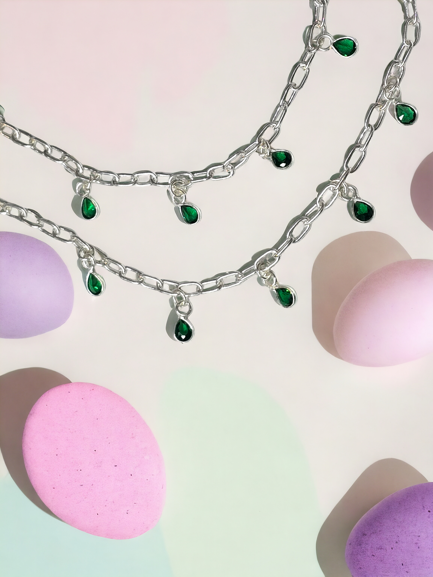 Silver Green Drops Kids Anklet Pair