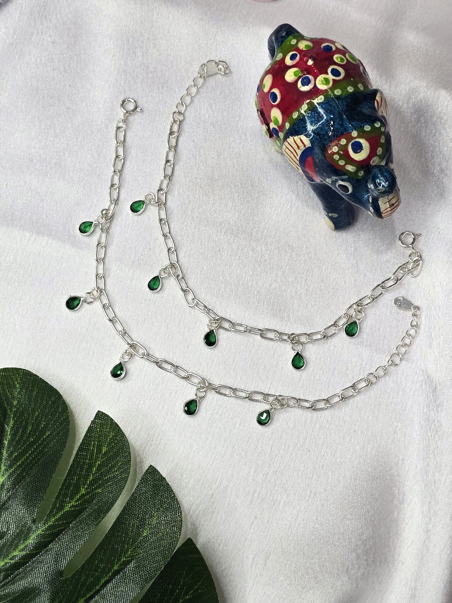 Silver Green Drops Kids Anklet Pair