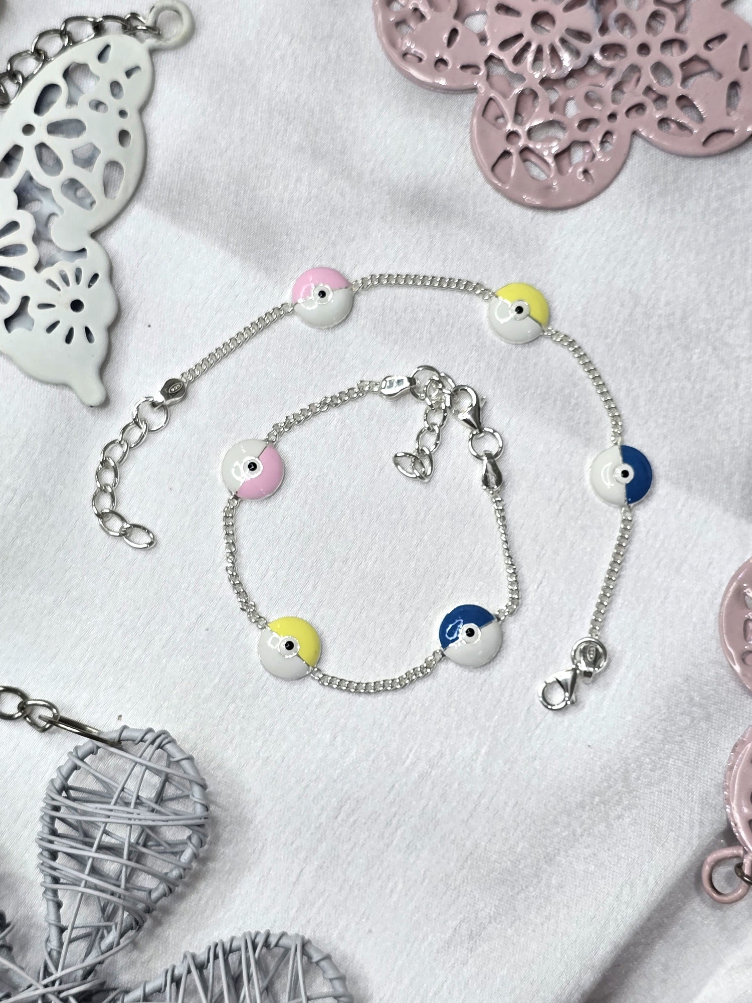Silver Pastel Enamel Eyes Kids Anklet Pair - 1