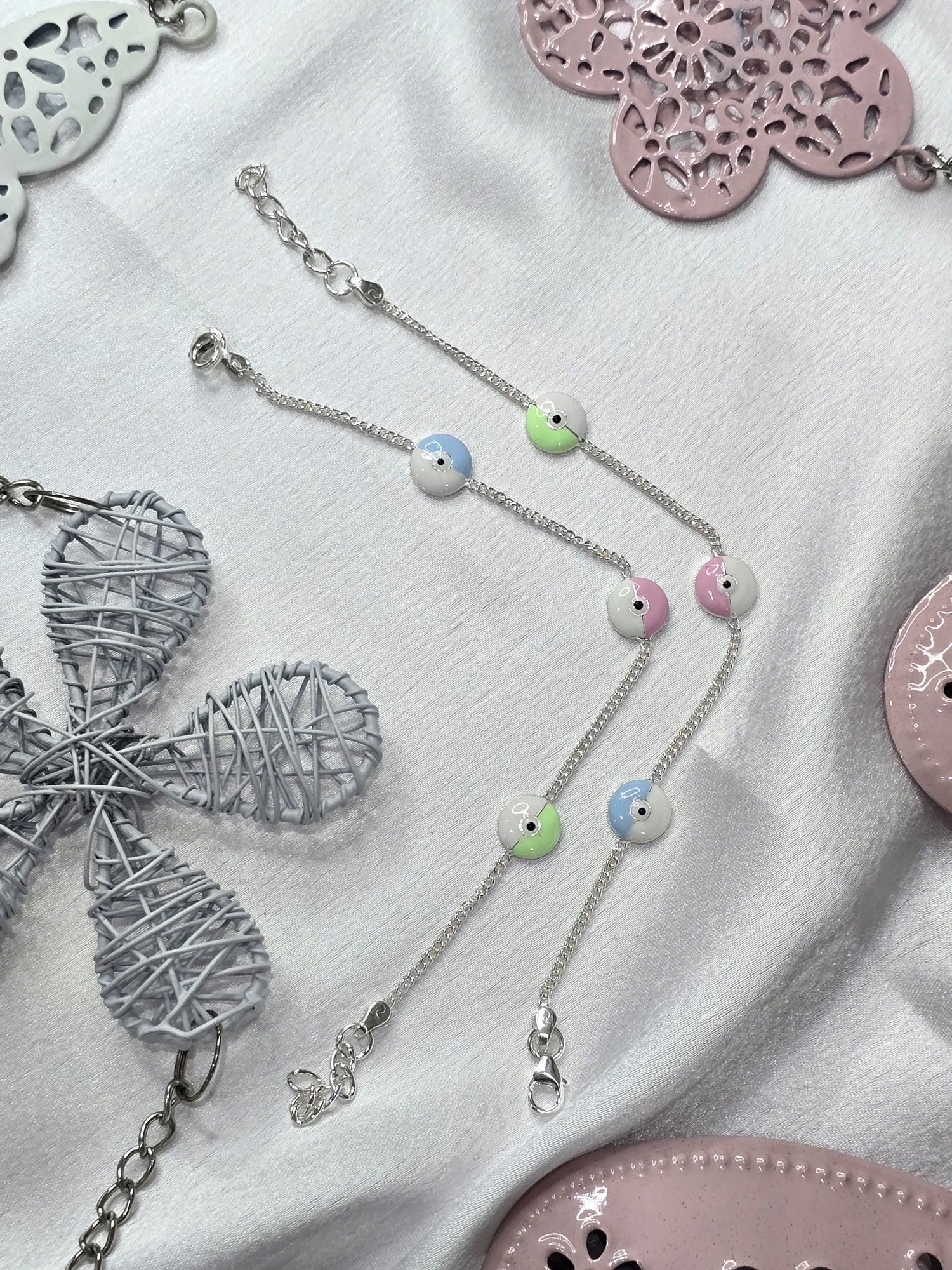 Silver Pastel Enamel Eyes Kids Anklet Pair - 2