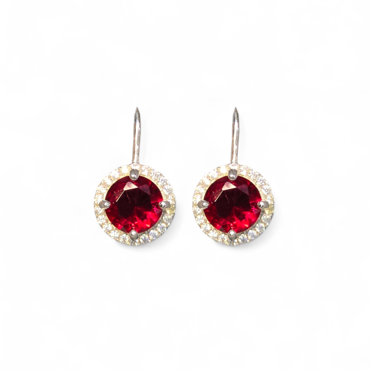 Silver Round Halo Huggie Earrings - Deep Red