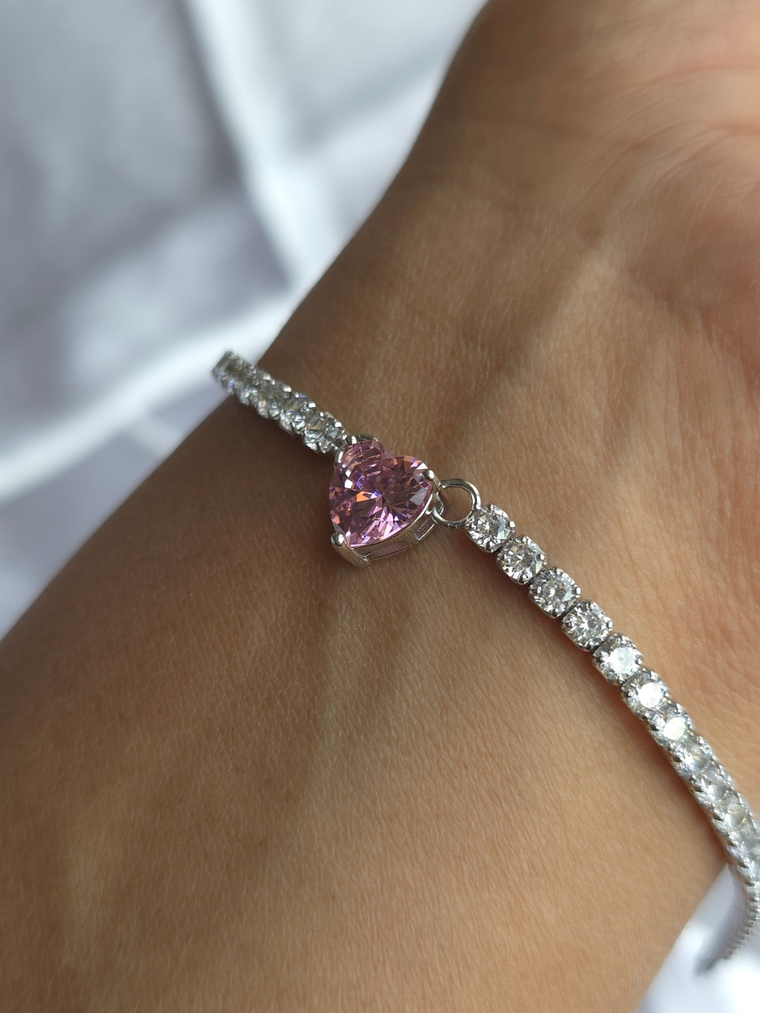 Pink Heart Solitaire Tennis Bracelet